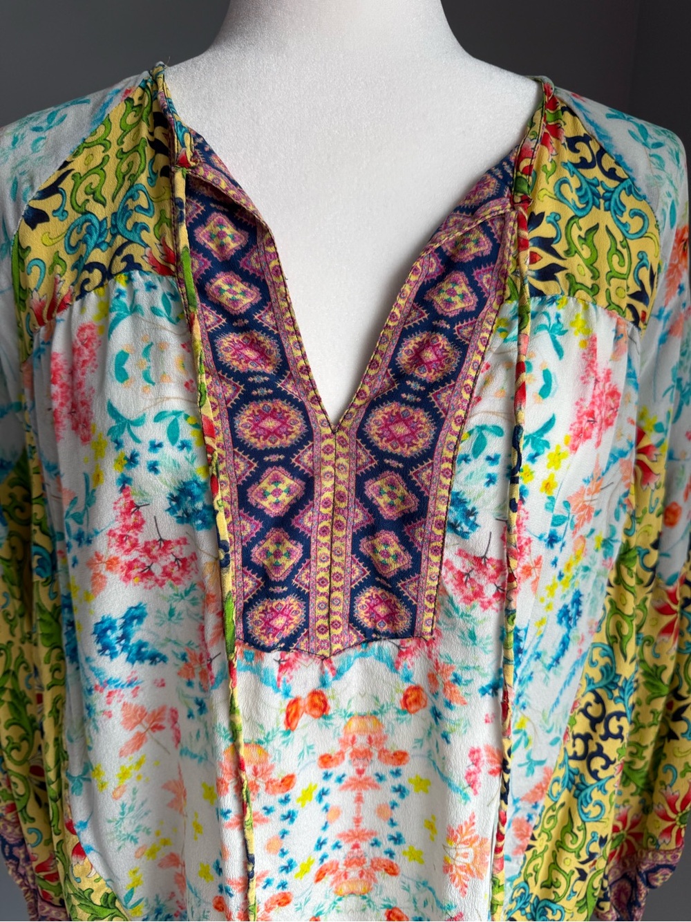 Floral Tolani Silk Blouse V-Neck in White, Yellow, Purple Tunic Top Shirt